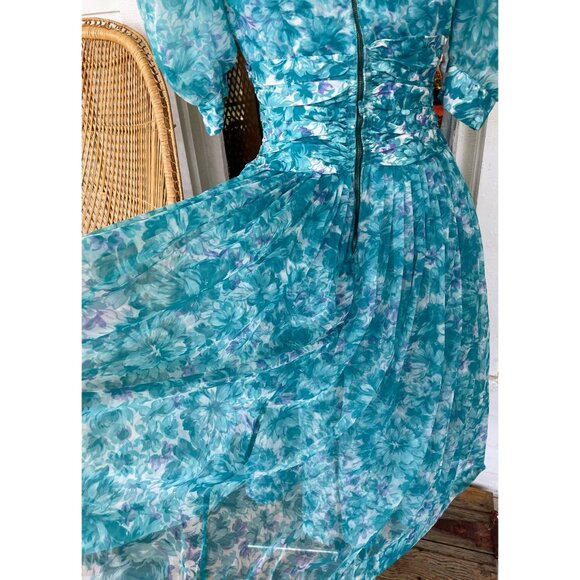Vintage 1950d Floral  Blue Dress With Puff Sleeves Tulle Puff Skirt Sz Small - Picture 11 of 16